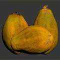 Three Ripe Yellow Papayas On Dark Reflective Surface With Smooth Skin