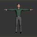 Man In Green Shirt Gray Pants And Black Shoes With Arms Outstretched Against Gray Background