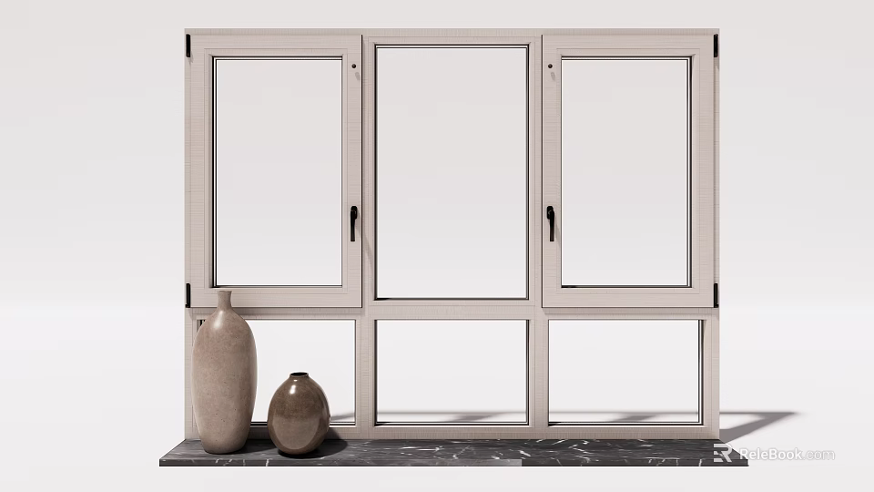 Modern White Frame Casement Windows With Clear Glass And Vases On Black Countertop 3d model 