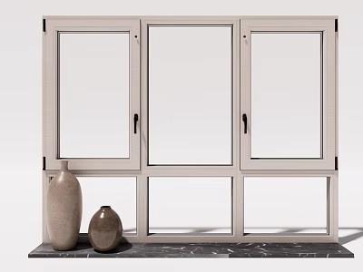 Modern White Frame Casement Windows With Clear Glass And Vases On Black Countertop 3d model
