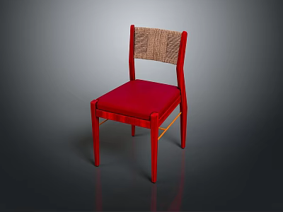Modern Single Chair With Red Cushion Woven Backrest And Wooden Frame Design 3d model