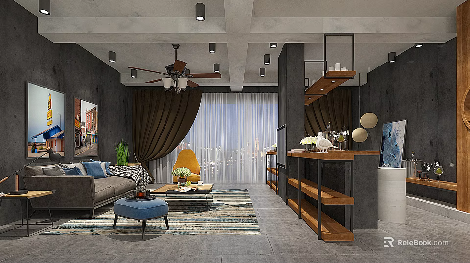 Industrial Style Living Room With Cozy Furniture And Functional Side Bar Interior Design 3d model 