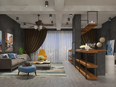 Industrial Style Living Room With Cozy Furniture And Functional Side Bar Interior Design 3d model