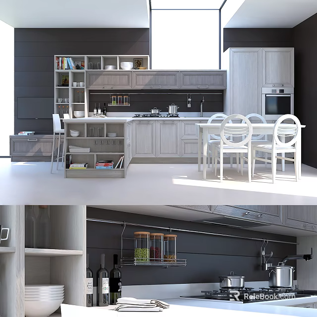 Modern Kitchen Interior With White Cabinets Island Dining Chairs And Open Design 3d model