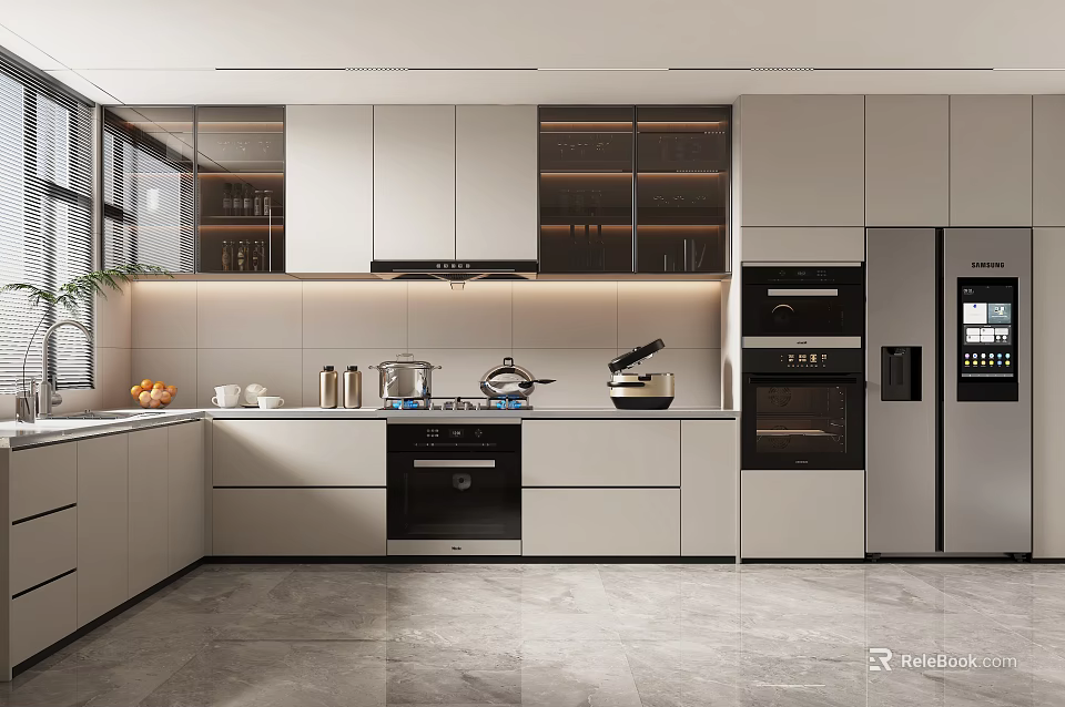 Modern Open Concept Kitchen Interior Design With Island Countertop And Stainless Steel Appliances 3d model 
