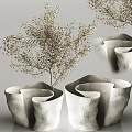 Decorative Textured Vases with Branches Bearing Small Yellow Flowers for Home Interior