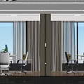 Modern Public Office Space With Large Windows Curtains Wooden Partition And Green Plants