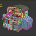 Charming Stone Building With Pink Roof Blue Greenhouse Balcony Plants Windows And Ladder