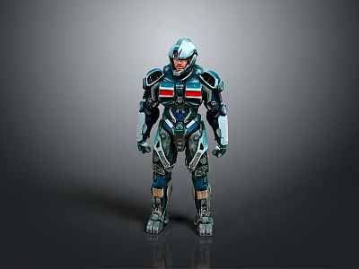 Futuristic SciFi Character In Blue Silver Armor With Red Details Standing Position 3d model