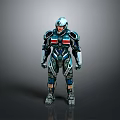 Futuristic SciFi Character In Blue Silver Armor With Red Details Standing Position