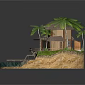 Wooden House on Beach with Palm Trees Patio and Waterfront Dock