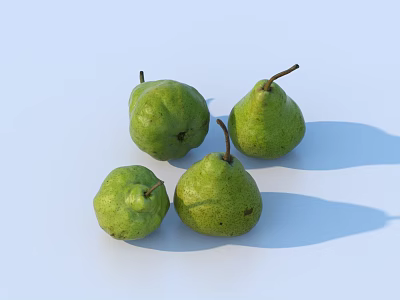 Four Fresh Green Pears On White Background With Natural Shadow 3d model