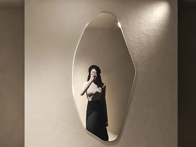 Modern Irregular Shaped Mirror Showing Stylish Woman Reflection on Textured Wall 3d model