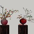 Red And Purple Vases With Red Berries Yellow Fruits On Dark Wooden Pedestals