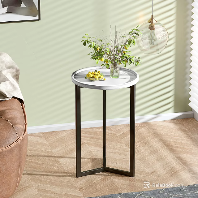 Round Modern Side Table with White Tabletop Black Metal Legs Vase Green Plants and Lemons 3d model 