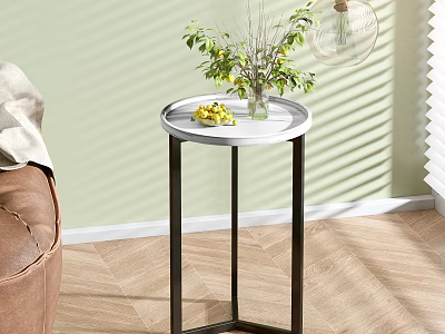 Round Modern Side Table with White Tabletop Black Metal Legs Vase Green Plants and Lemons 3d model