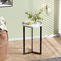 Round Modern Side Table with White Tabletop Black Metal Legs Vase Green Plants and Lemons