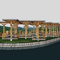 Wooden Pergola Structure Over Pond With Green Trees Grass And Blue Sky
