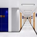 Public Office Area Corridor Featuring White Walls Wooden Doors Blue Framed Displays And Linear Lights
