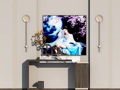 End Table Interior Decor with Decorative Painting Ornamental Plants and Wall Sconces 3d model