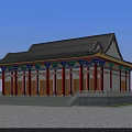 Ancient Chinese Architecture With Red Pillars Gray Tiled Roof Overhanging Eaves And Colorful Decorations