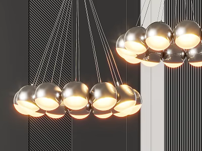 Modern Chandelier With Multiple Spherical Metallic Bulbs Illuminated Against Dark Wall 3d model