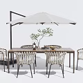 Outdoor Wooden Dining Table And Rattan Chairs Set With White Umbrella And Plant Decor