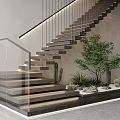 Modern Staircase Featuring Glass Railing Dark Steps Lighting And Surrounding Green Plants Cacti Small Stones