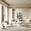 Modern Neutral Living Room Interior With Sofa Armchair Coffee Table And Decorative Art