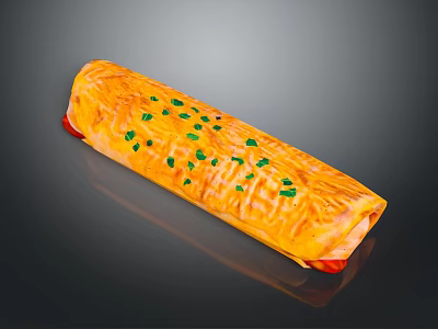 Crispy Golden Rolled Pastry Topped With Fresh Green Chives And Red Filling 3d model