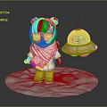Little Girl With Pigtails Glasses Red Scarf Standing By Blue UFO On Snowy Base