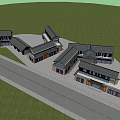 Commercial Complex Featuring Multiple Buildings Black Roofs Road And Green Space 3d model