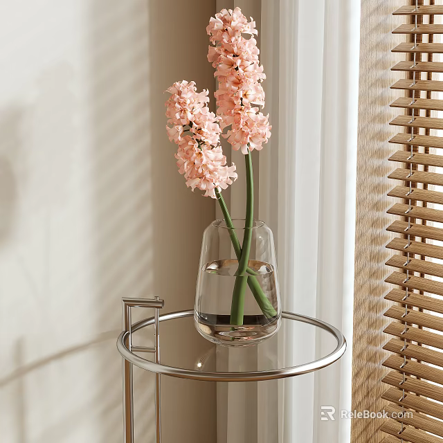 Transparent Glass Vase With Pink Hyacinth Flowers On Round Metal Side Table Near Wooden Blinds 3d model 
