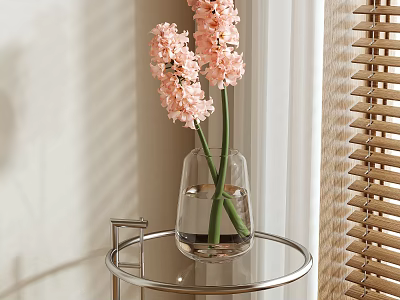 Transparent Glass Vase With Pink Hyacinth Flowers On Round Metal Side Table Near Wooden Blinds 3d model