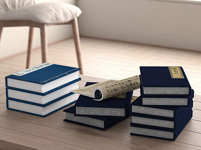Stacked Blue Cover Books With Open Scroll Like Pages On Wooden Table Top 3d model