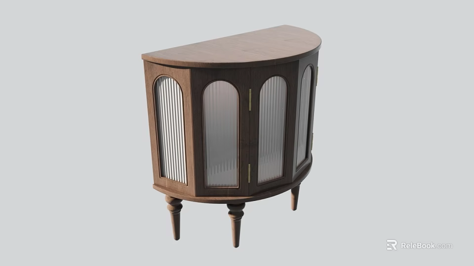 Semicircular Wooden Decorative Cabinet With Glass Doors Vertical Slats And Golden Handles 3d model 