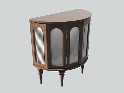 Semicircular Wooden Decorative Cabinet With Glass Doors Vertical Slats And Golden Handles 3d model