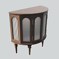 Semicircular Wooden Decorative Cabinet With Glass Doors Vertical Slats And Golden Handles
