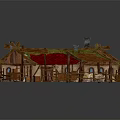 Cartoon Scene of Cozy Wooden Village with Red Roofs Green Grass Barrels and Structures