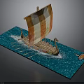Ancient Water Vessel With Orange White Sail Wooden Oars And Dragon Head On Blue Water