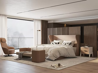 Modern Bedroom With Double Bed Large Window White Curtains Tan Armchair Bench And Nightstand 3d model
