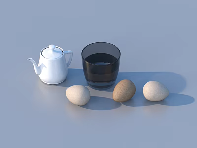 Everyday Household Items With White Teapot Black Glass Cup And Three Eggs On Light Blue 3d model