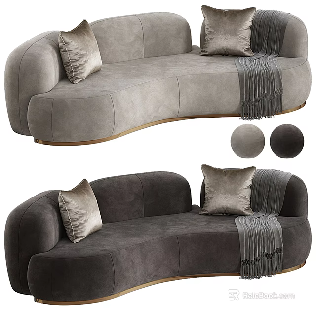 Curved Velvet Sofa in Gray and Dark Gray with Decorative Pillows and Throw Blanket 3d model 