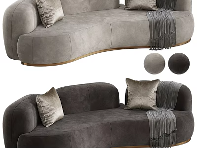 Curved Velvet Sofa in Gray and Dark Gray with Decorative Pillows and Throw Blanket 3d model