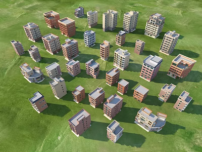Multiple Architectural Building Models in Various Styles Arranged on Green Grass 3d model