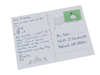 Handwritten Postcard To Friends Featuring Recipient Address Green Stamp And Cartoon Character 3d model