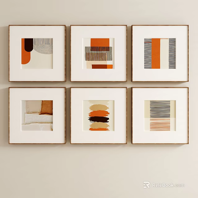 Modern Abstract Framed Artworks With Orange Beige Geometric Patterns On Wall 3d model