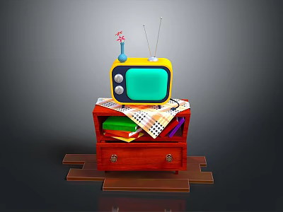 Vintage Yellow TV On Red Cabinet With Books Colored Pencils And Checkered Cloth 3d model