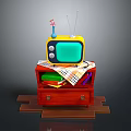 Vintage Yellow TV On Red Cabinet With Books Colored Pencils And Checkered Cloth