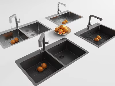 Modern Stainless Steel Kitchen Sink With Double Bowl Faucet And Oranges In Water 3d model